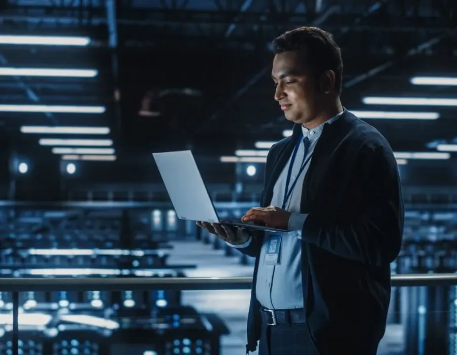 Cyber Security Technician with Laptop in Server Warehouse